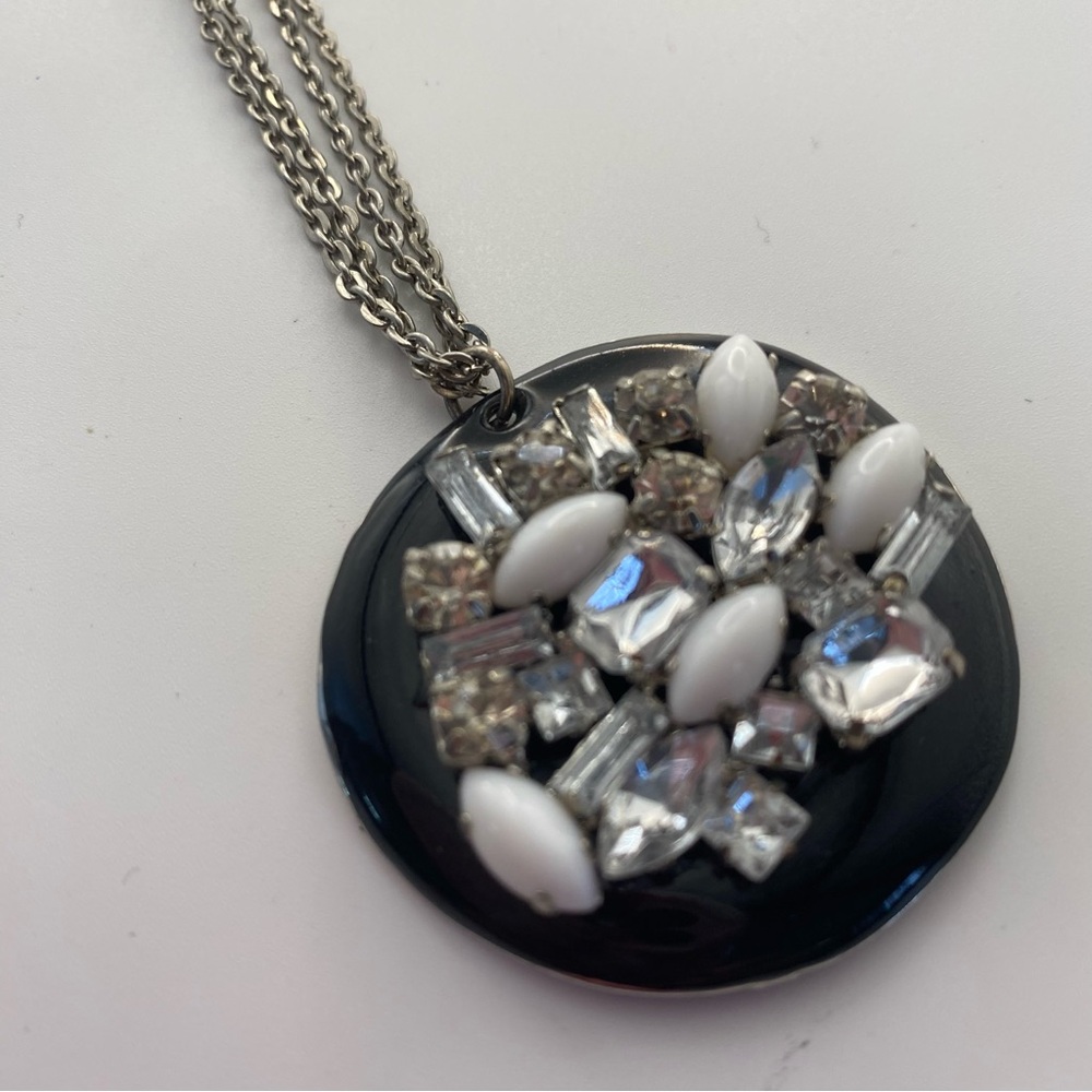 Black Pendant Enamel Necklace Round with Silver & White Accents Silver-tone 17”